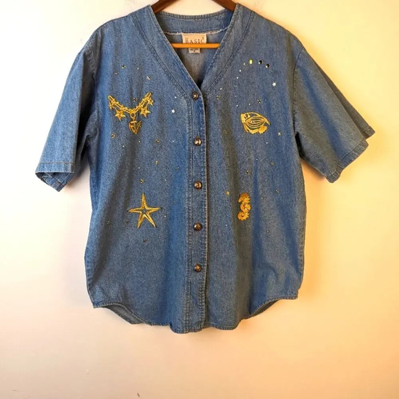 Vintage 80's Gold Embellished Button Front Shirt - Small - Picture 1 of 5